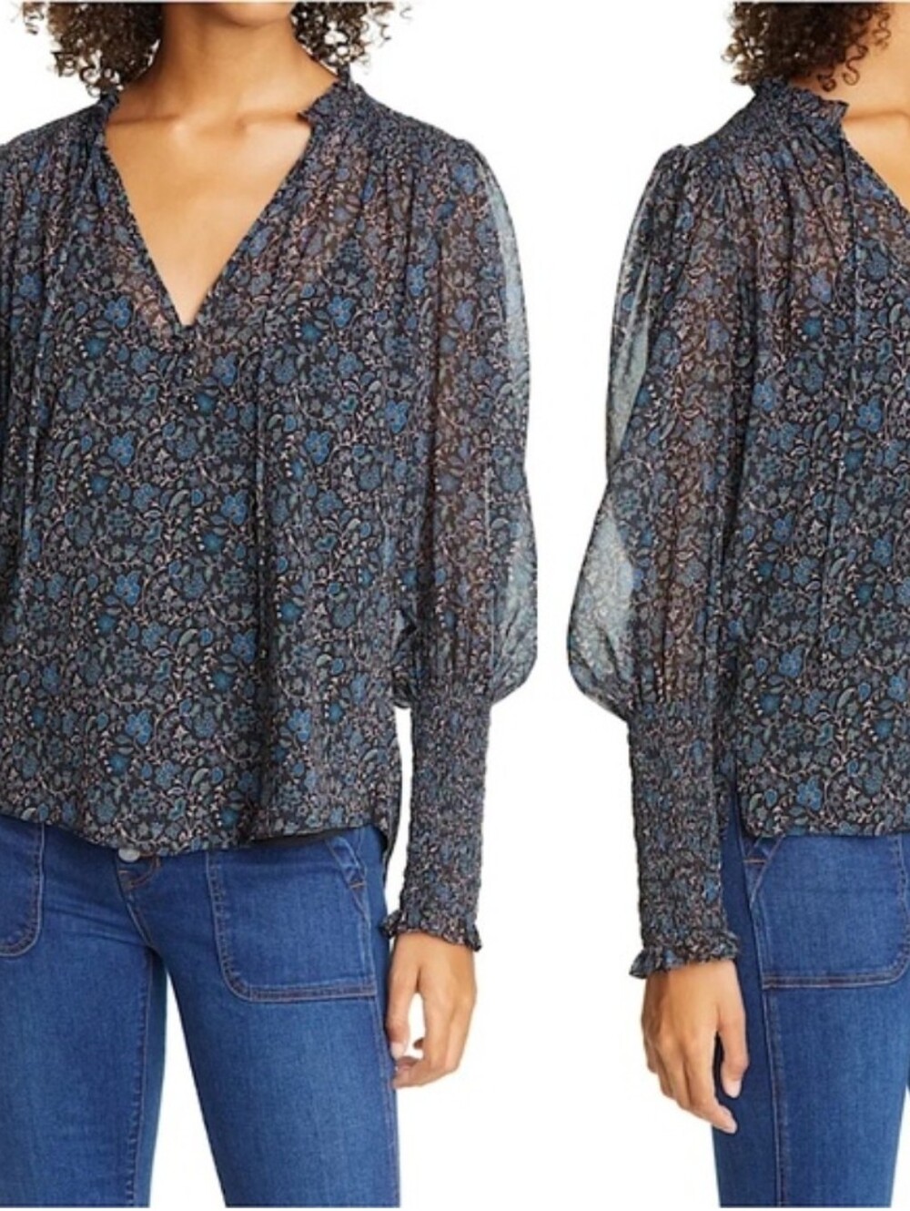 Veronica Beard Jaz Floral Balloon Sleeve Blouse Silk Sheer Top Tie Front Blue